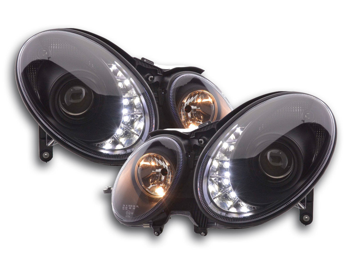 Scheinwerfer Set Daylight LED TFL-Optik Mercedes E-Klasse Typ W211 02-06 schwarz Scheinwerfer Set Daylight LED TFL-Optik Mercedes E-Klasse Typ W211 02-06 schwarz